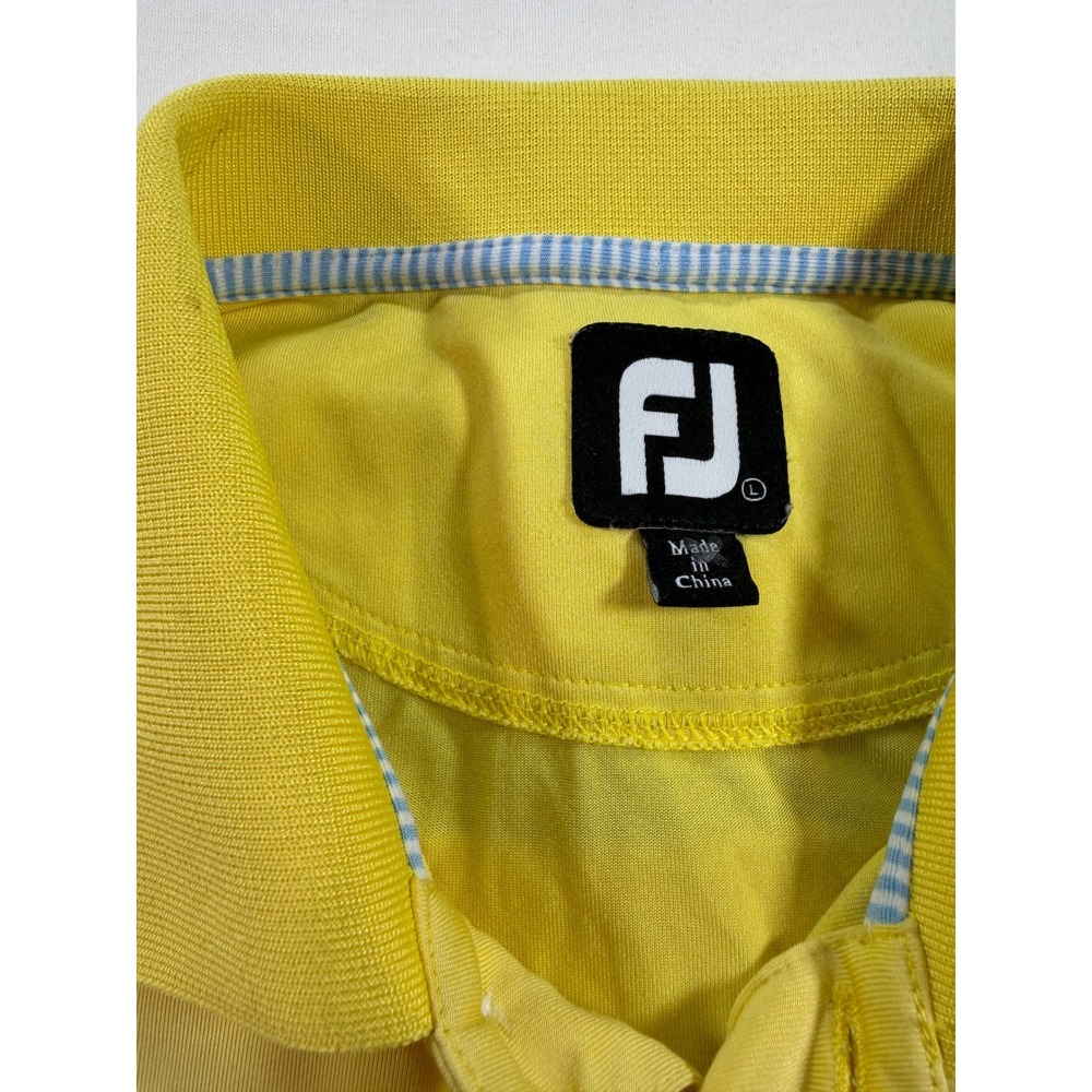 FootJoy FJ Performance Golf Polo Shirt Mens Large Yellow Blue Stripe Crest Logo - Picture 8 of 8